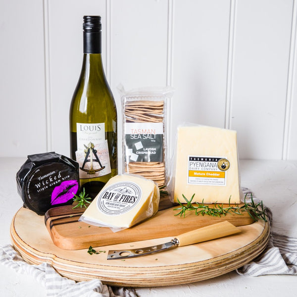 Tasmanian Cheese Gourmet Gift Basket with Cheese Board and wine - Tasmanian Gourmet Online