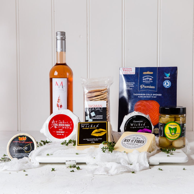 Picnic Hamper with Premium Ocean Trout, Milton Pinot Rose, Cheese and  Condiments 